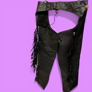 Vintage Wild Rider black leather moto chaps fringe biker corset back belted